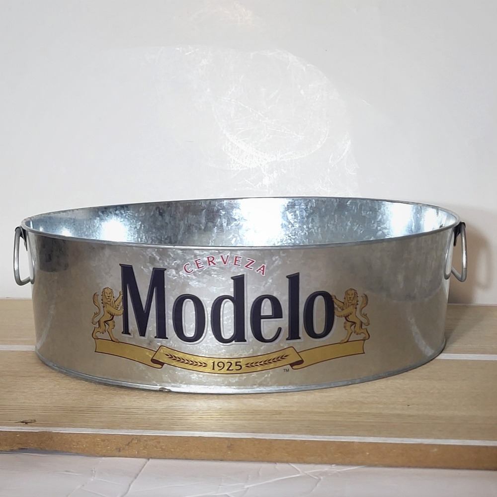 Modelo Cerveza Beer Bucket Galvanized Metal Ice Tub Barware Silver 12in